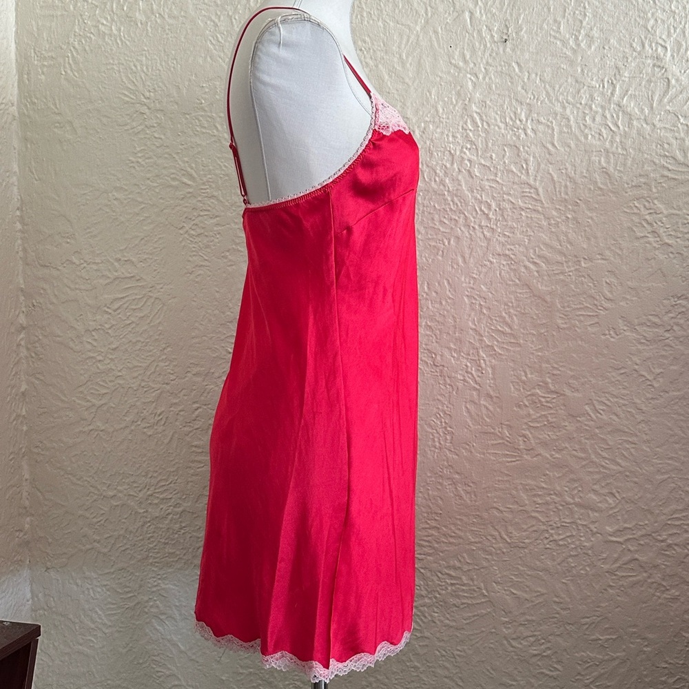 Victoria’s Secret Red Satin Lace Trim Pink Crystal Accents Slip Medium - Picture 3 of 9